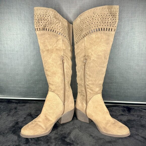 David Aaron Taupe Knee High Perforated Boots - Picture 10 of 11